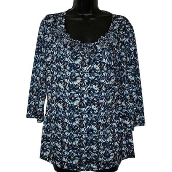 Kim Rogers Tops - Kim Rogers Womens Floral Blue & Black Long Sleeve Tunic Top With Rosette Necklin